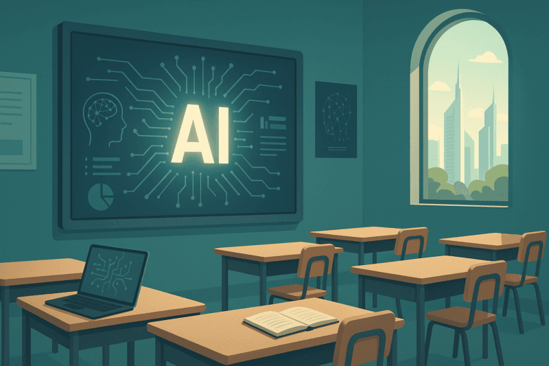 Illustration of futuristic classroom in UAE integrating artificial intelligence into national education curriculum, Education Sector AI, UAE, UAE national artificial intelligence strategy 2031