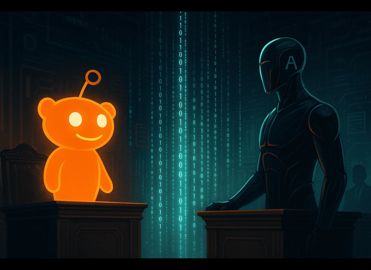Reddit’s mascot and a humanoid AI figure representing Anthropic, symbolizing a legal battle over AI data rights., Reddit, AI Ethics, Global Data Privacy